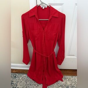 Express Vibrant Red Button-Down Shirt Dress